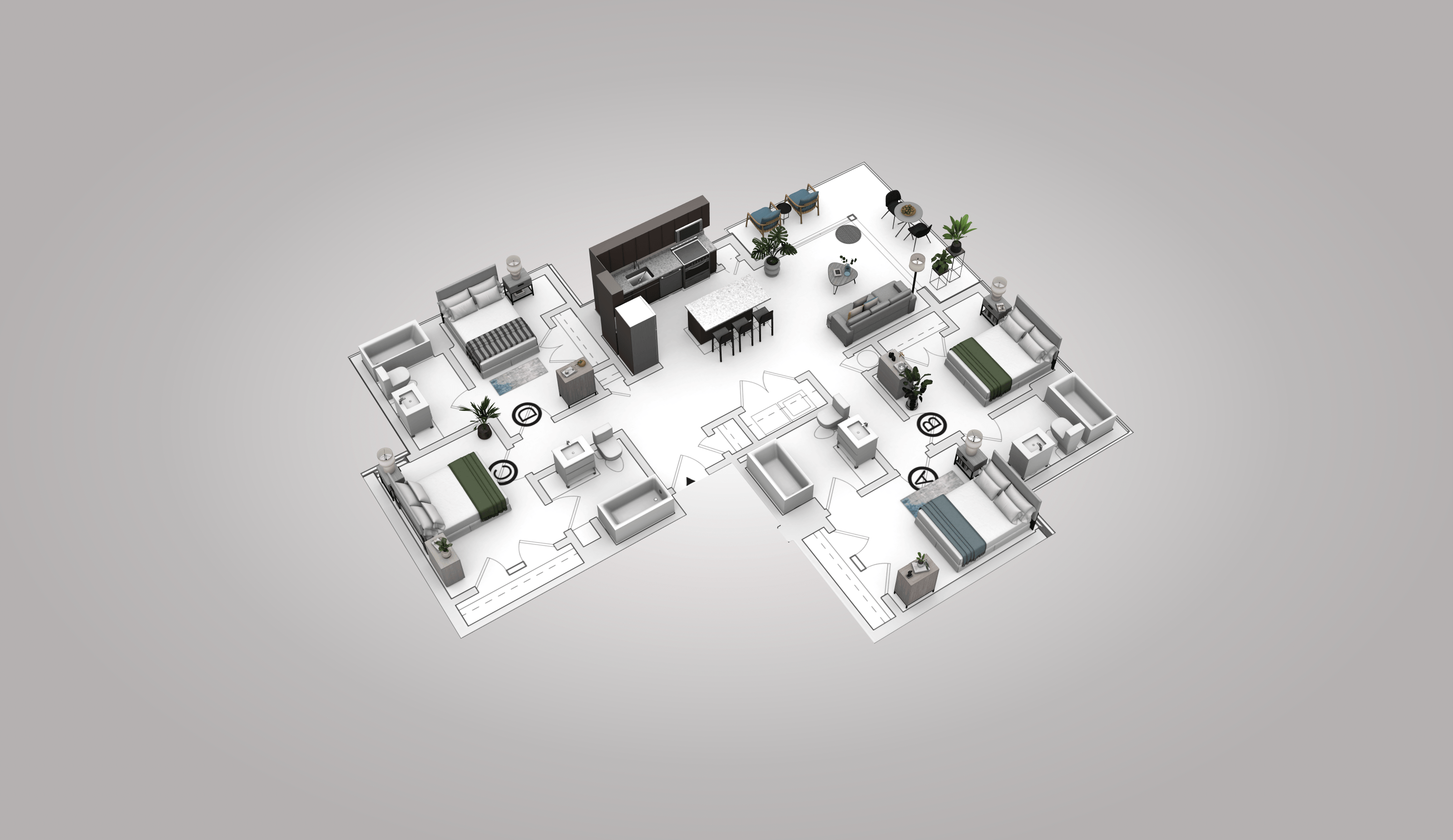 Floor plan for 4 beds, 4 baths, 1250 sqft